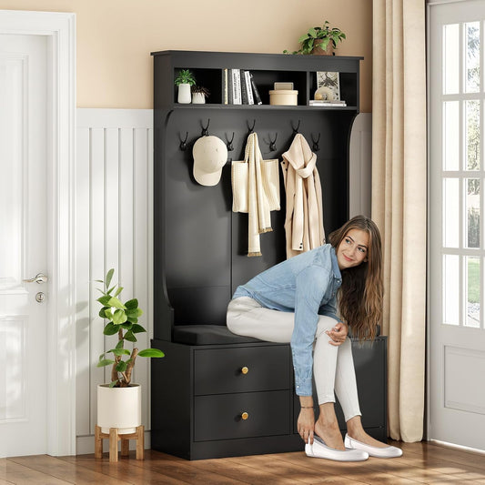 STARY Hall Tree with Bench & Shoe Rack, Mudra with Seats & 7 Hooks, 6-in-1, Entryway, 70.9"