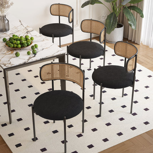 STARY Set of 4 Upholstered Dining Chairs Kitchen Chair with Rattan Backrest, Black