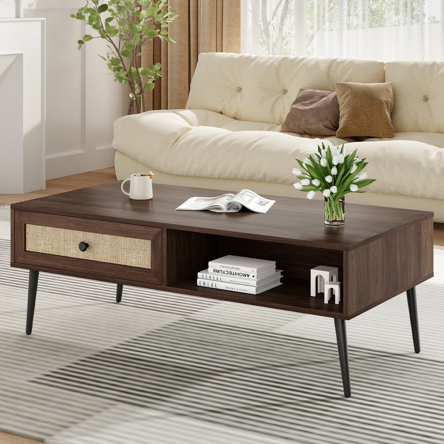 STARY Modern 47" Coffee Table, Rectangular Living Room Table with Drawer and Open Shelf for Living Room, Office, Walnut