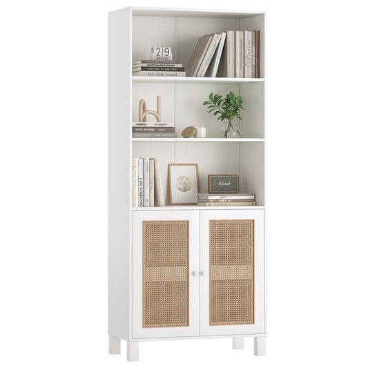 STARY Tall 5 Tier Bookcase, Storage Shelf with Rattan Doors for Living Room, Office, Library, White