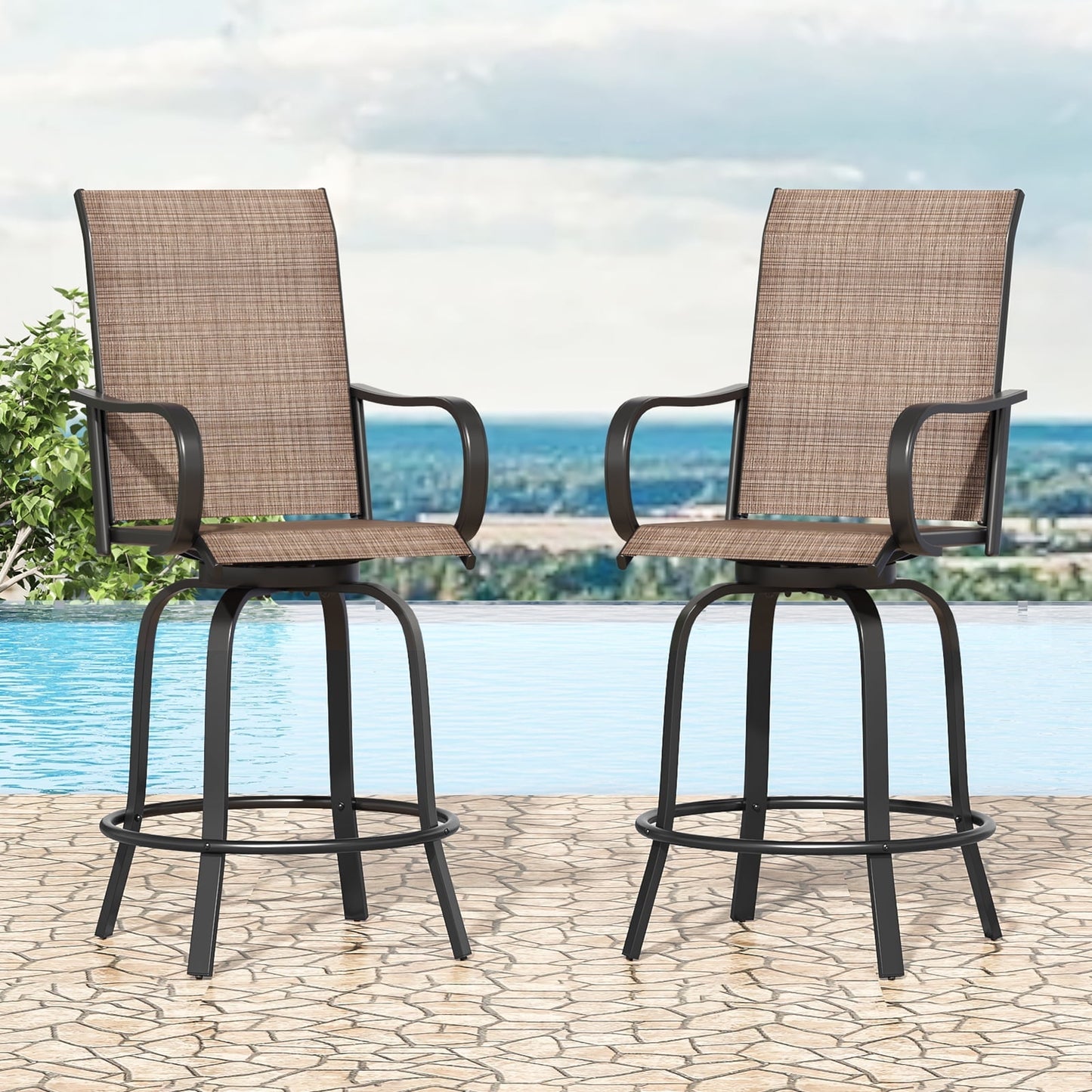 STARY Outdoor Bar Stools Set of 2, Swivel Patio Barstools with Textile Fabric,Ergonomic Comfort Bar Height Tall Outdoor Stools for Balcony,Brown