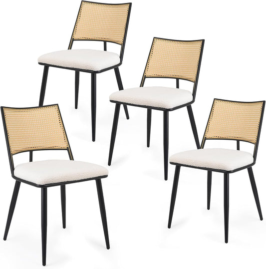 STARY Dining Chairs Set of 4, Mid-Century Modern Kitchen Chairs with Rattan Backrest & Metal Frame, Boucle Upholstered Accent Chairs for Dining Room, Kitchen, Living Room, White