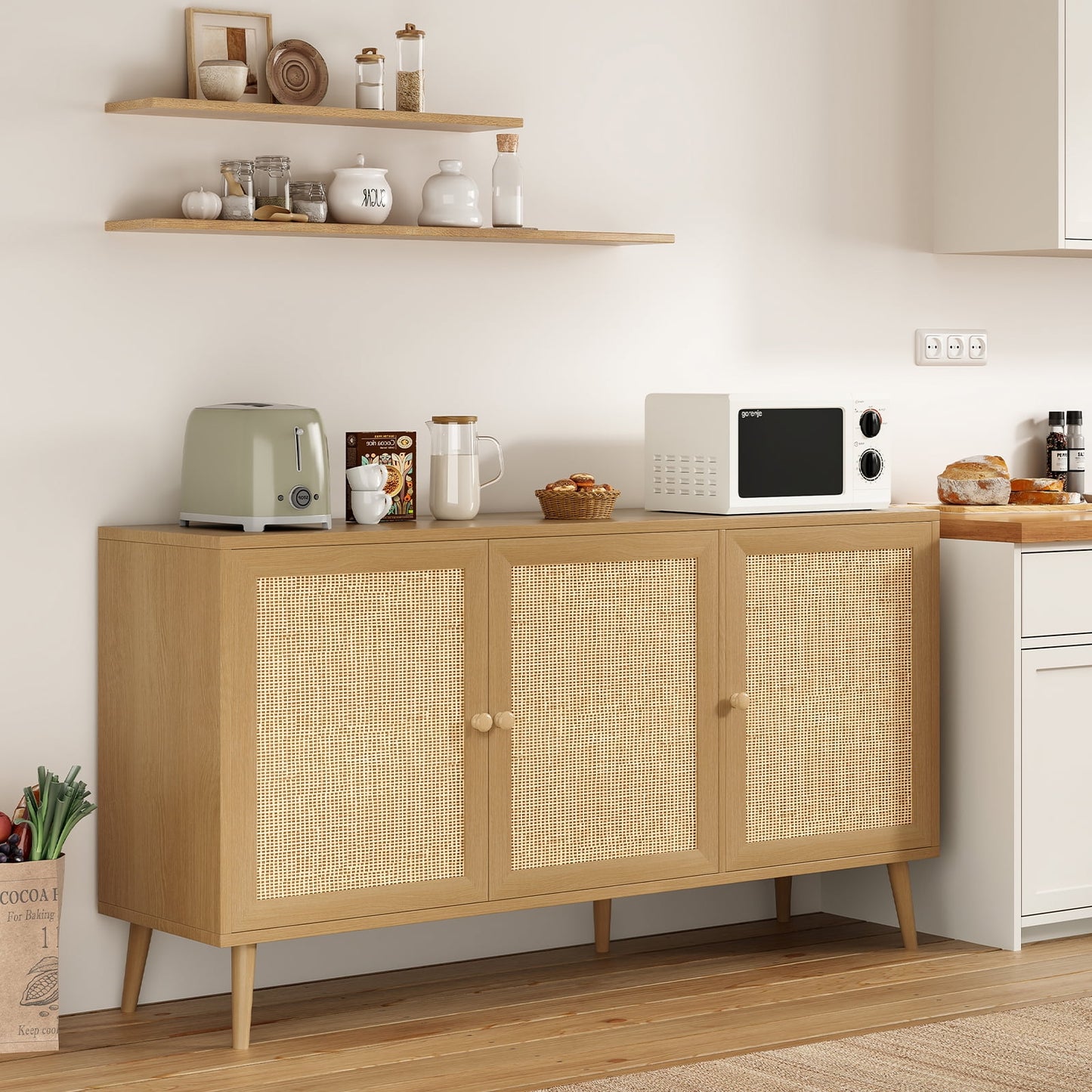 STARY Buffet Sideboard with 3 Rattan Doors, Kitchen Storage Cabinet, Modern Console Cabinet, Bar Cabinet for Living Room Entrance (Nature)