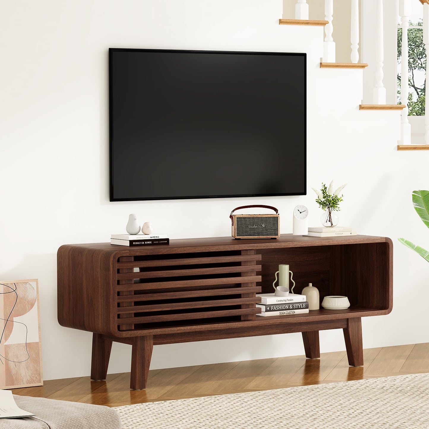 STARY TV Stand up to 59", Entertainment Center with Storage and Sliding Door, Walnut