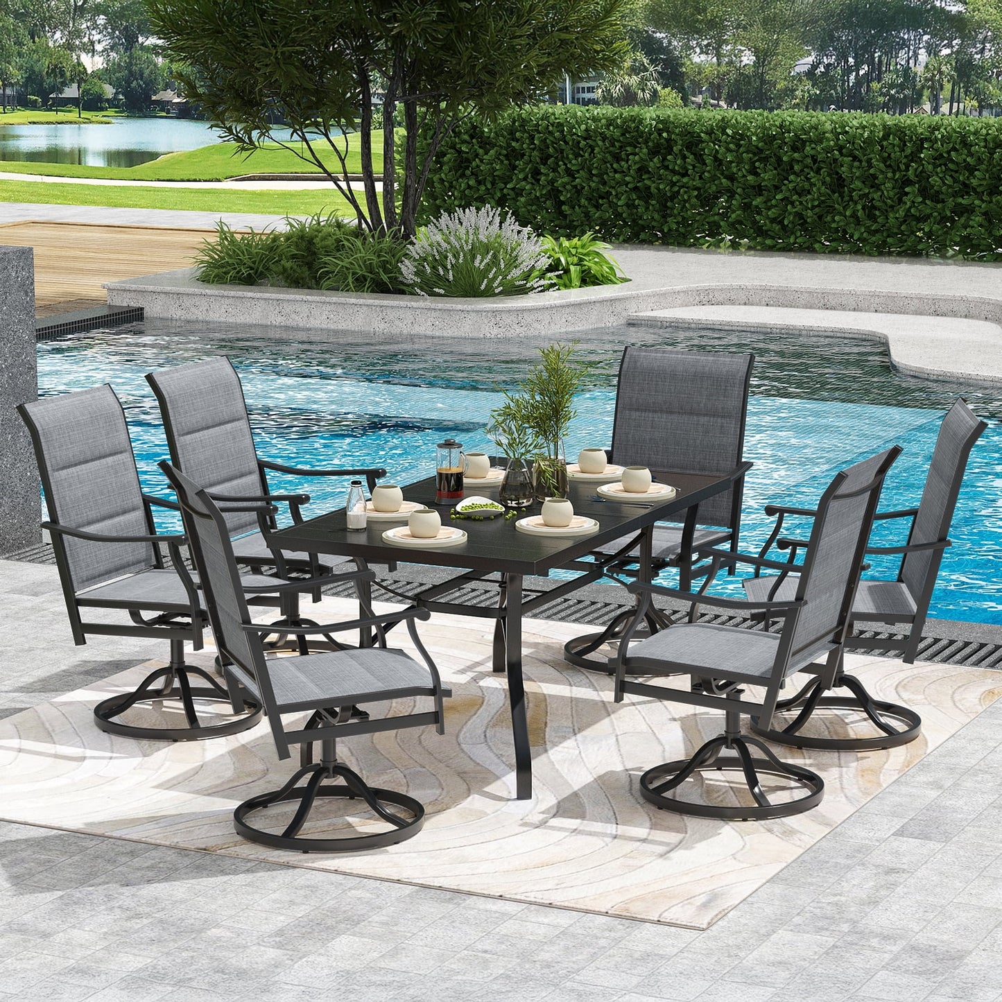 STARY Patio Dining Set for 6, 7 Piece Outdoor Dining Table and Chairs Set, 4 x Outdoor Swivel Chairs with Padded Textilene and 60 "x 35" Patio Table with 1.57 "Sunshade Hole for Poolside, Backyard