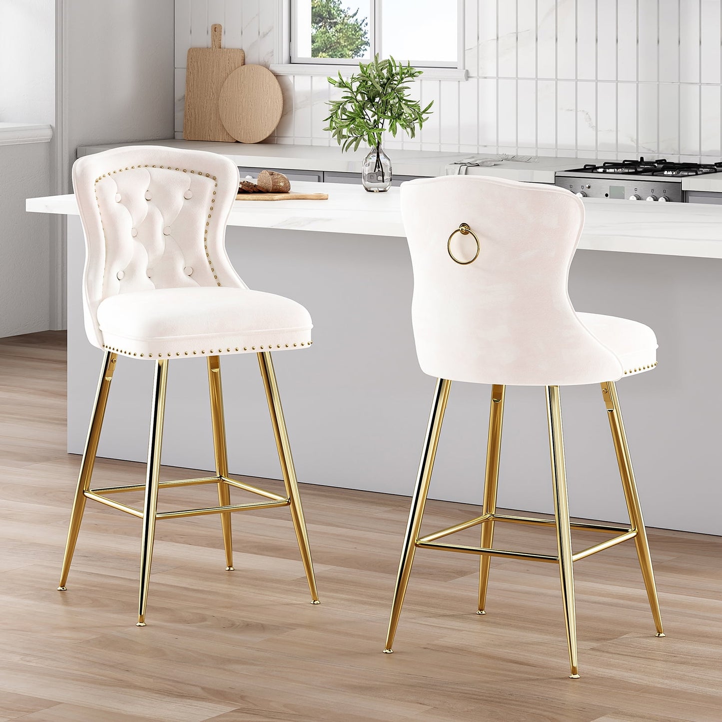 STARY Bar Stools Set of 2, Velvet Counter Height Stools with Metal Legs for Kitchen, Dining Rooms, Pubs (Beige, 26")