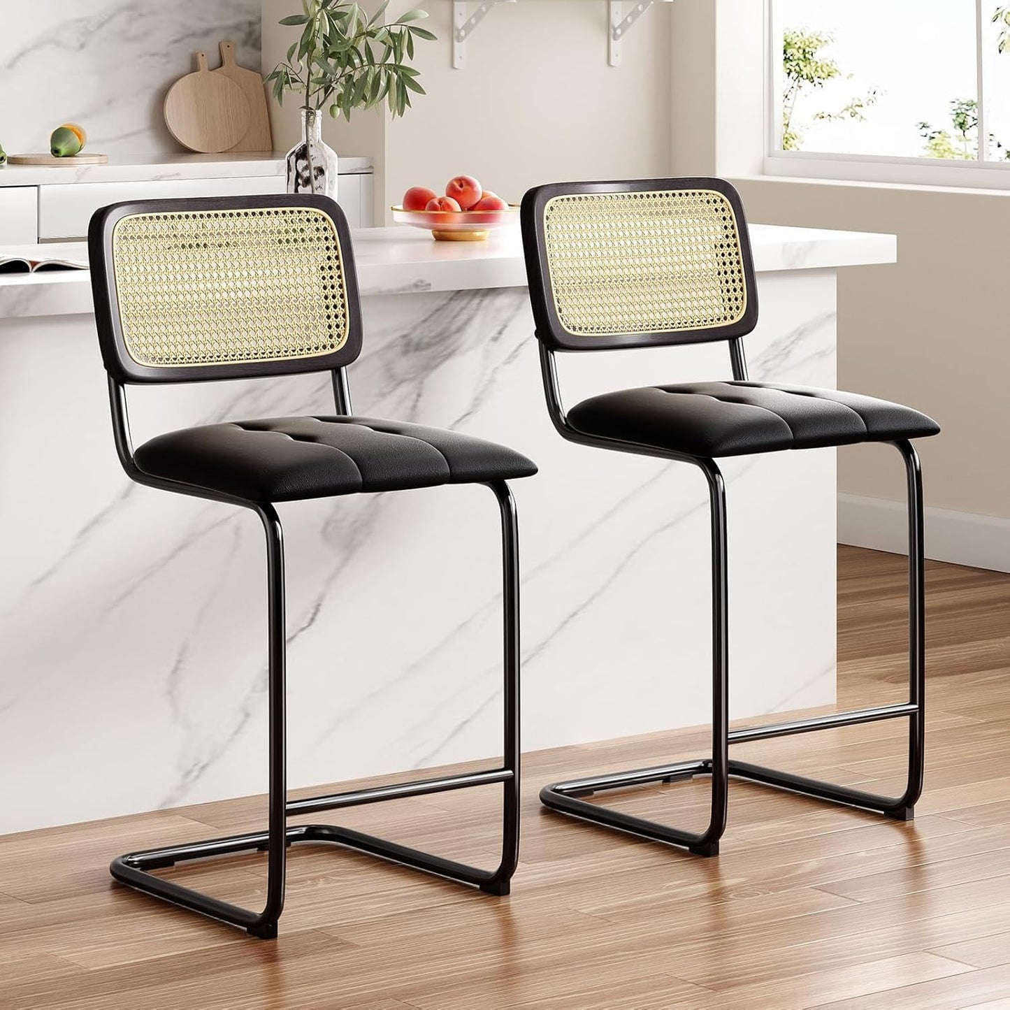 STARY Counter Height Bar Stools Set of 2, Upholstered PU Leather Barstools with Rattan Back, 26 inch Stools Armless Bar Chairs for Kitchen Island(Black)