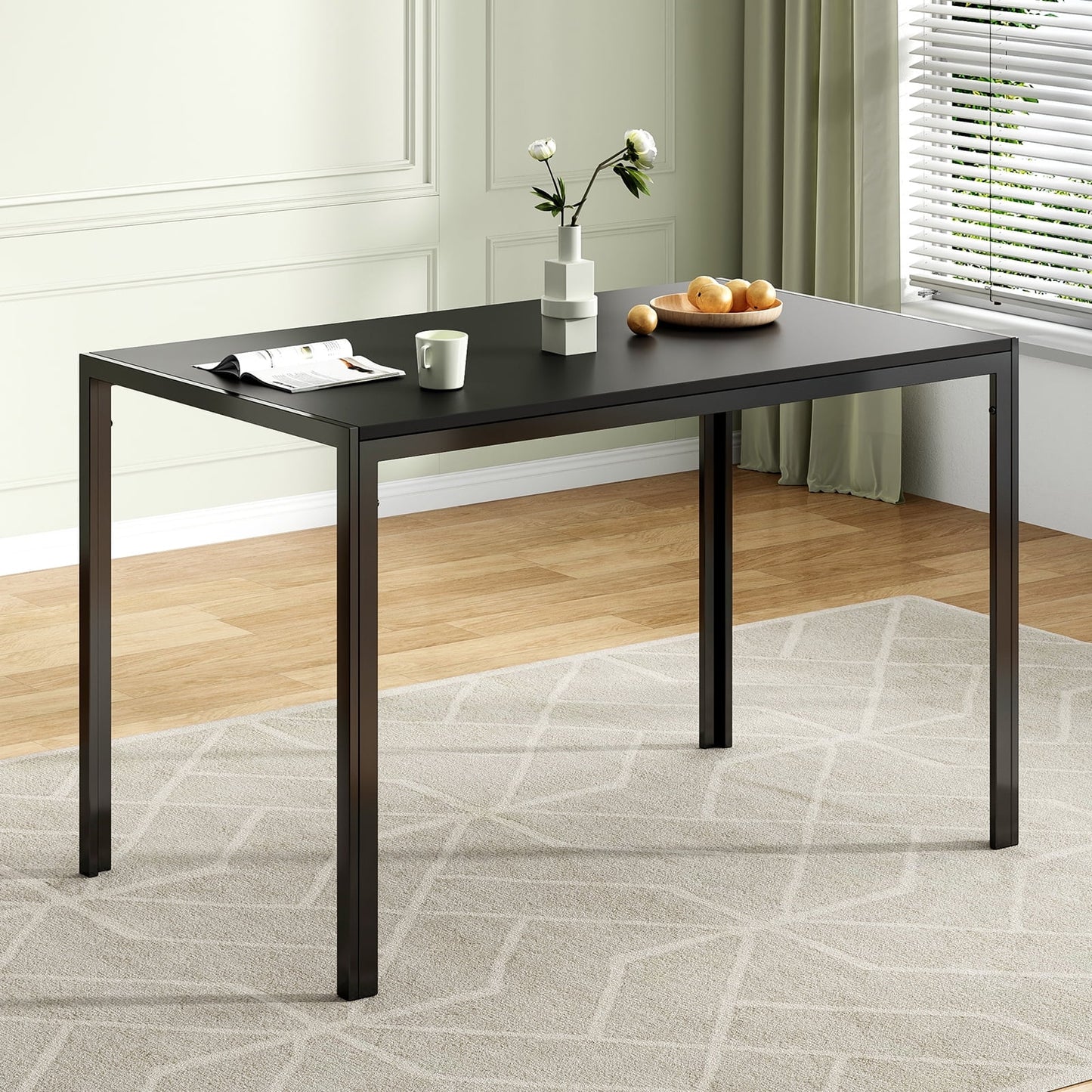 STARY Black Dining Table for 4-6 People, 47" Rectangular Wooden Dining Table and Metal Structure for Home Kitchen Desk (47 Inches)