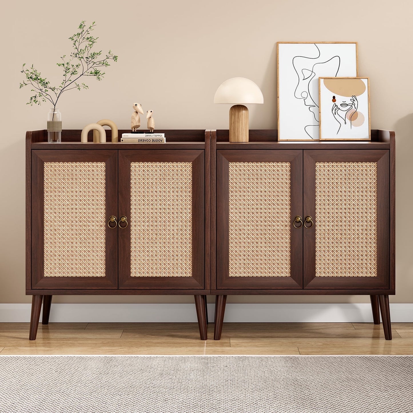 STARY 2 Pcs Sideboard Buffet Bar Cabinets with Decorated Rattan Doors (Walnut)