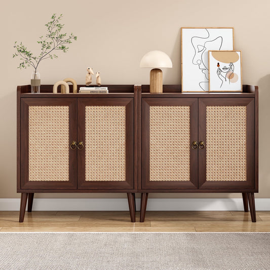 STARY 2 Pcs Sideboard Buffet Bar Cabinets with Decorated Rattan Doors (Walnut)
