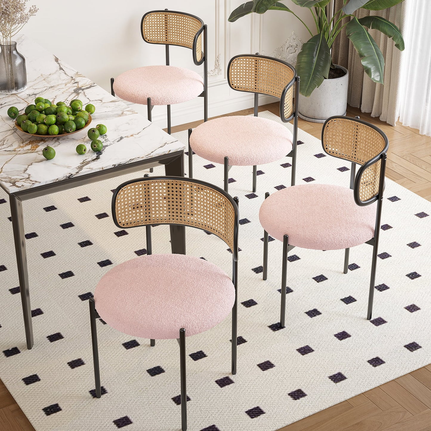 STARY Set of 4 Upholstered Dining Chairs Kitchen Chair with Rattan Back, Pink