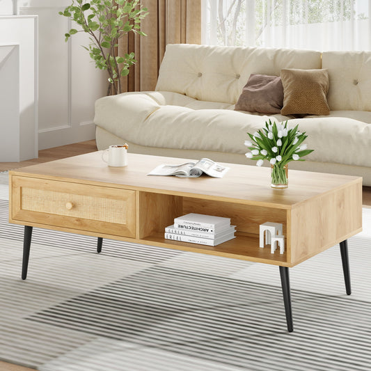 STARY 47" Modern Coffee Table, Rectangular Living Room Table with Drawer and Open Shelf for Living Room, Office, Nature