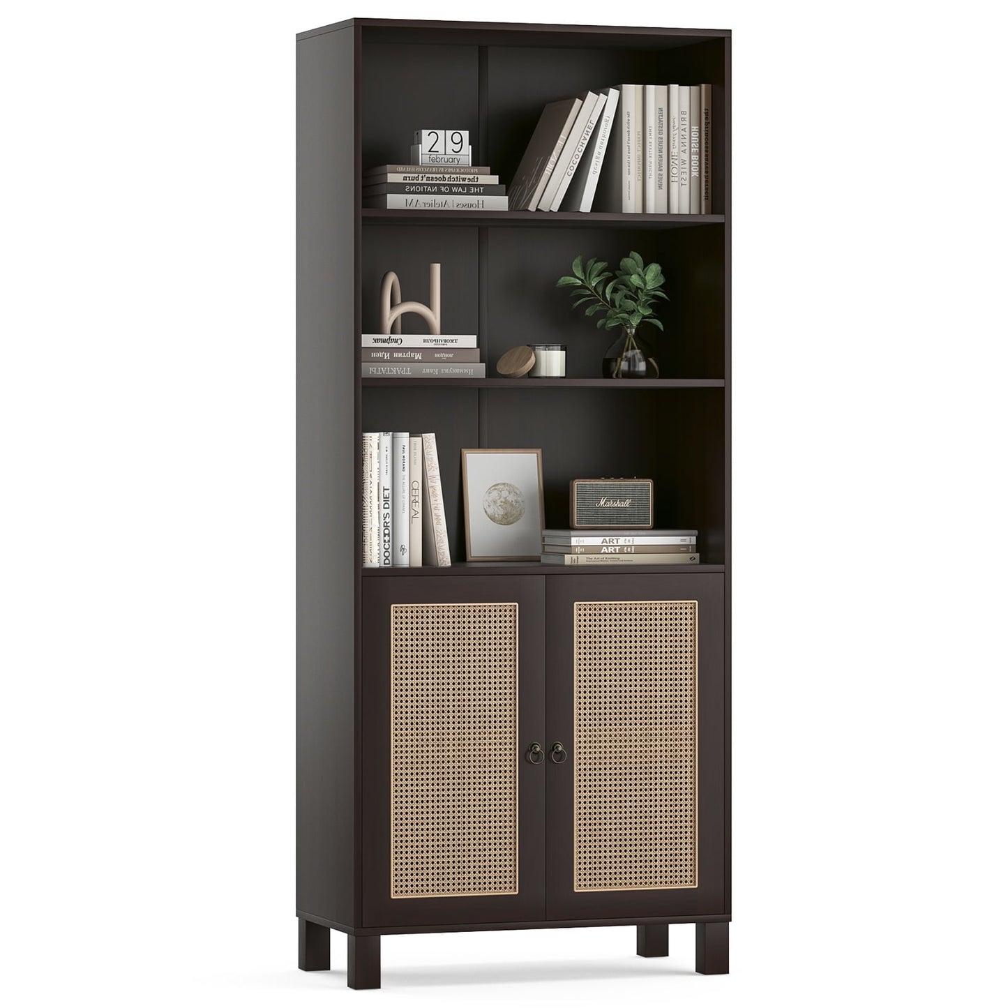STARY Tall 5 Tier Bookcase, Storage Shelf with Rattan Doors for Living Room, Office, Library, Walnut