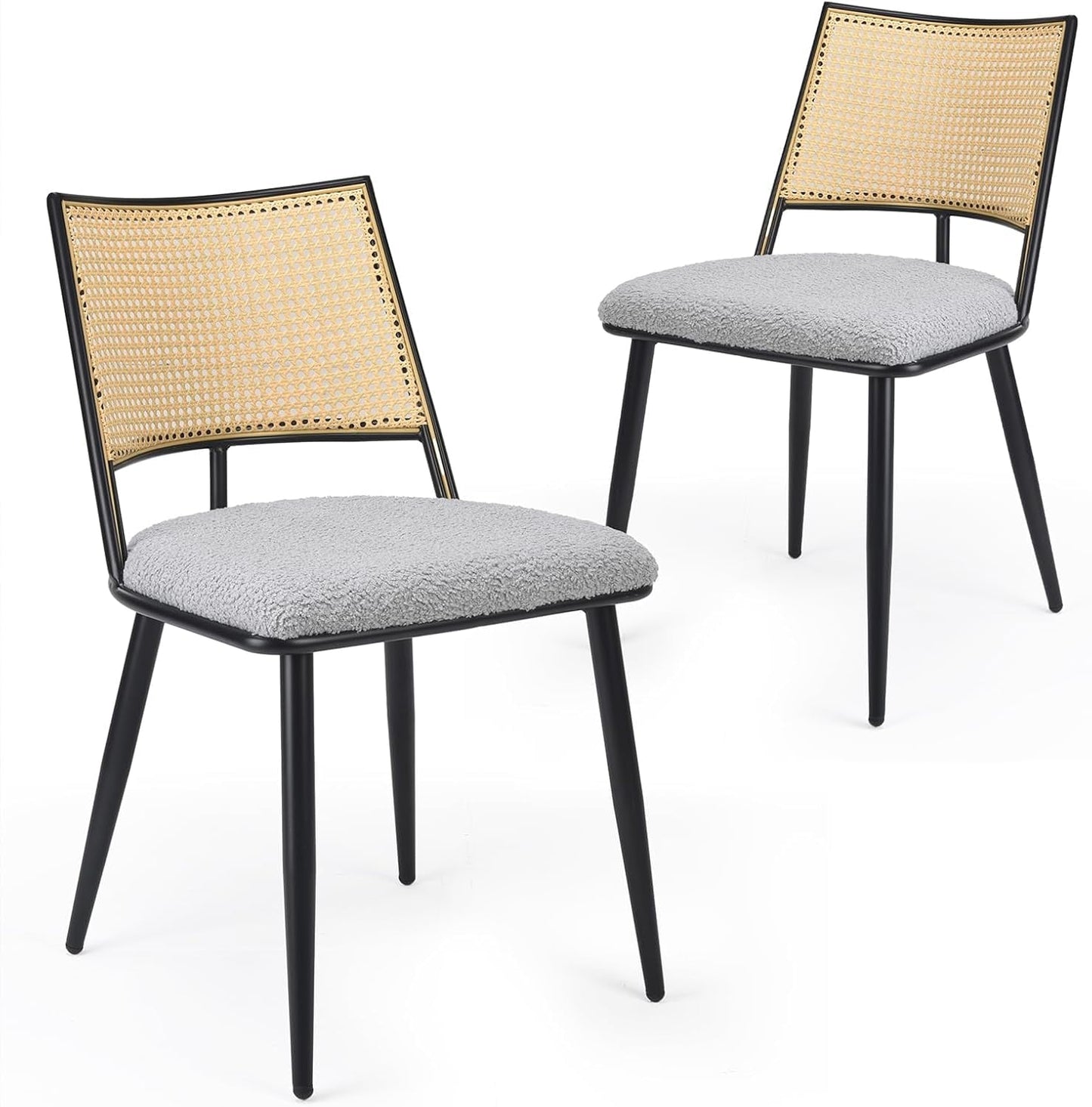 STARY Dining Chairs Set of 2, Mid-Century Modern Kitchen Chairs with Rattan Backrest & Metal Frame, Boucle Upholstered Accent Chairs for Dining Room, Kitchen, Living Room, Light Grey