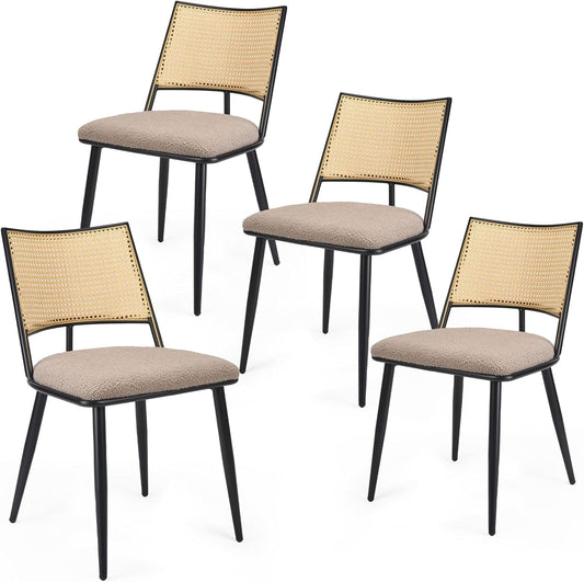 STARY Dining Chairs Set of 4, Mid-Century Modern Kitchen Chairs with Rattan Backrest & Metal Frame, Boucle Upholstered Accent Chairs for Dining Room, Kitchen, Living Room, Khaki