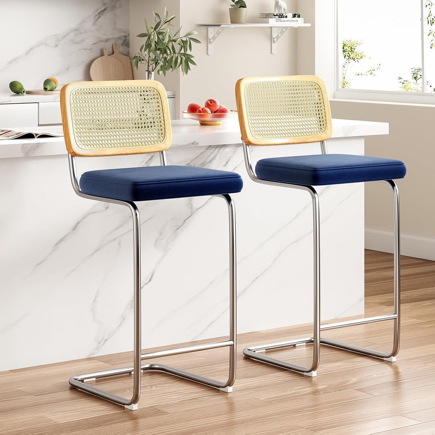 STARY Counter Height Bar Stools Set of 2, Upholstered Velvet Barstools with Rattan Back, 30 inch Height Stools Armless Bar Chairs for Kitchen Island(Royal Blue)
