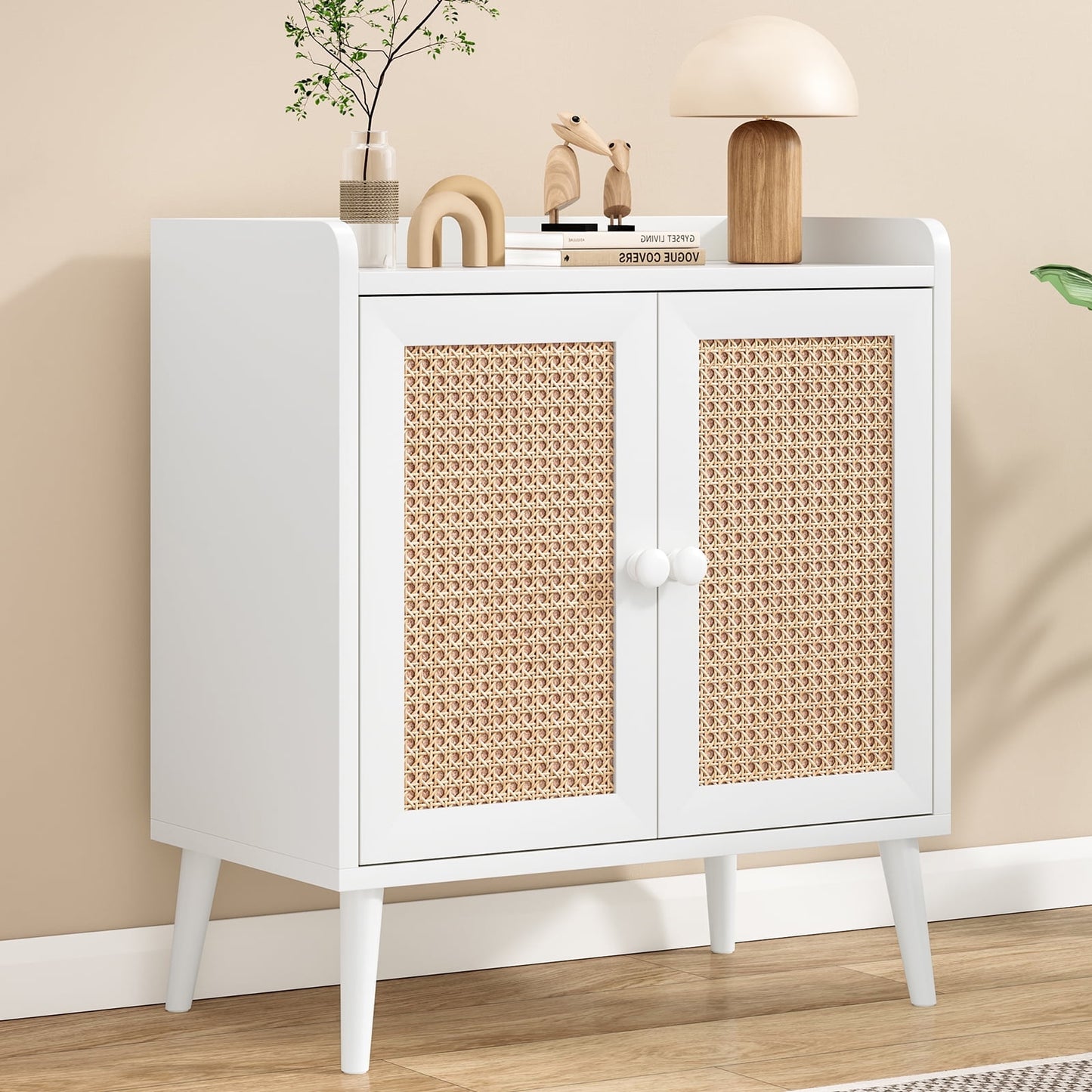 STARY Sideboard Buffet Bar Furniture with Doors Decorated in Rattan (White)
