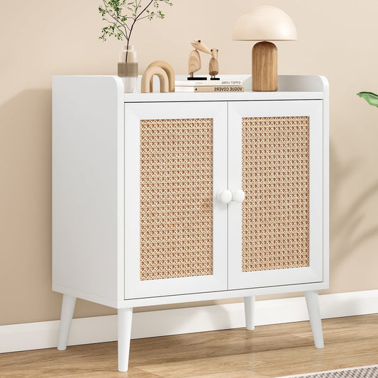 STARY Sideboard Buffet Bar Furniture with Doors Decorated in Rattan (White)