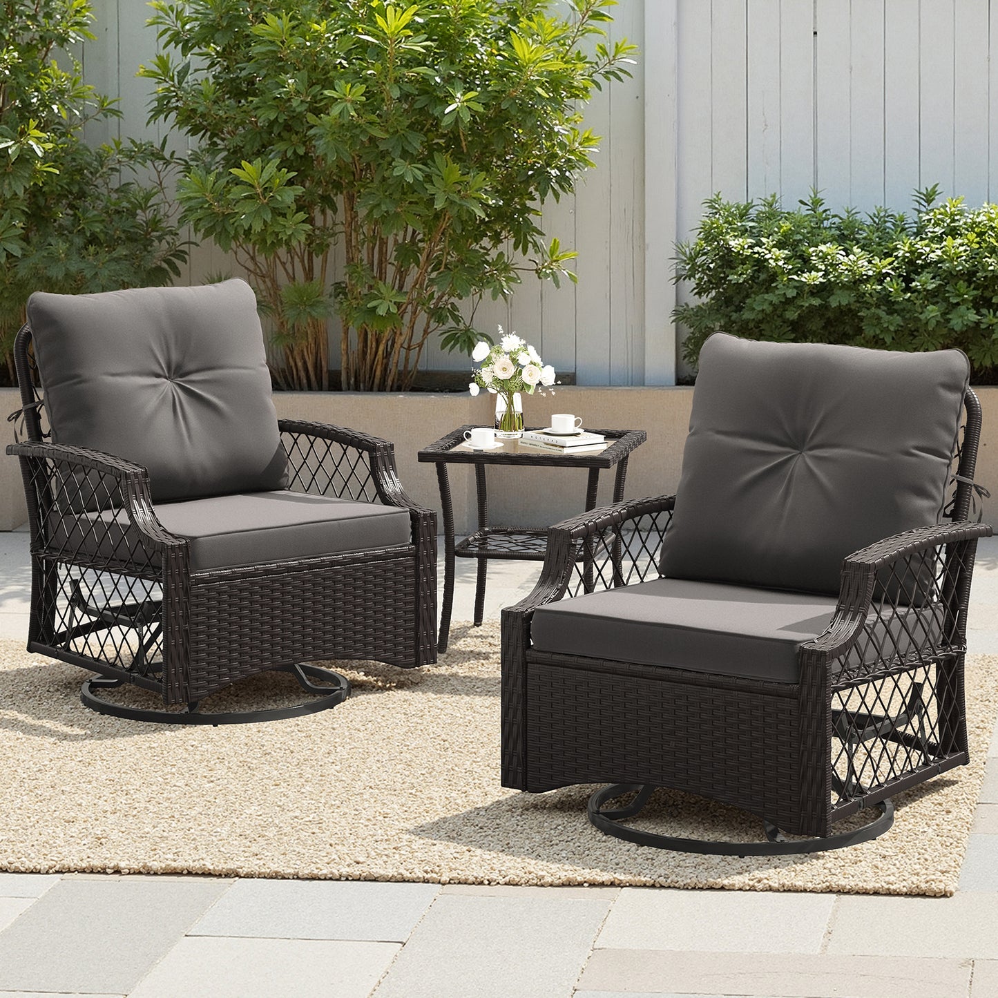 STARY Outdoor Swivel Rocker Chairs with Coffee Table, 3 Pieces Wicker Patio Furniture Set, Rattan Outdoor Bistro Set for Backyard, Grey