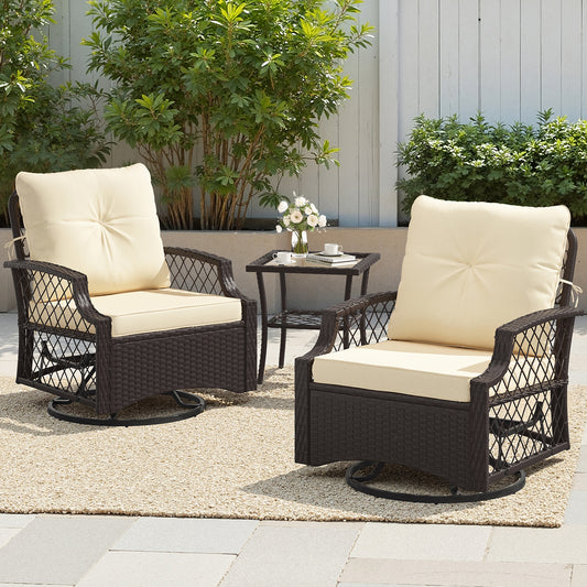 STARY Outdoor Swivel Rocker Chairs with Coffee Table, 3 Pieces Wicker Patio Furniture Set, Rattan Outdoor Bistro Set for Backyard, Cream