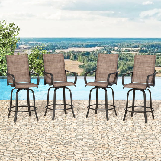 STARY Outdoor Bar Stools Set of 4, Swivel Patio Barstools with Textile Fabric,Ergonomic Comfort Bar Height Tall Outdoor Stools for Balcony,Brown