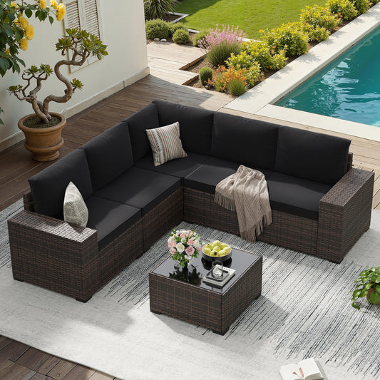 STARY 6 Pieces Outdoor Sectional Sofa with Wide Armrests, Patio Conversation Set, PE Rattan Furniture Set for Backyard, Black