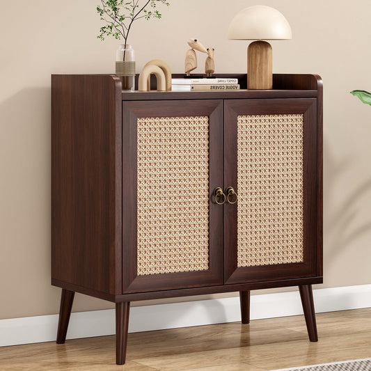 STARY Sideboard Buffet Bar Cabinets with Decorated Rattan Doors (Walnut)
