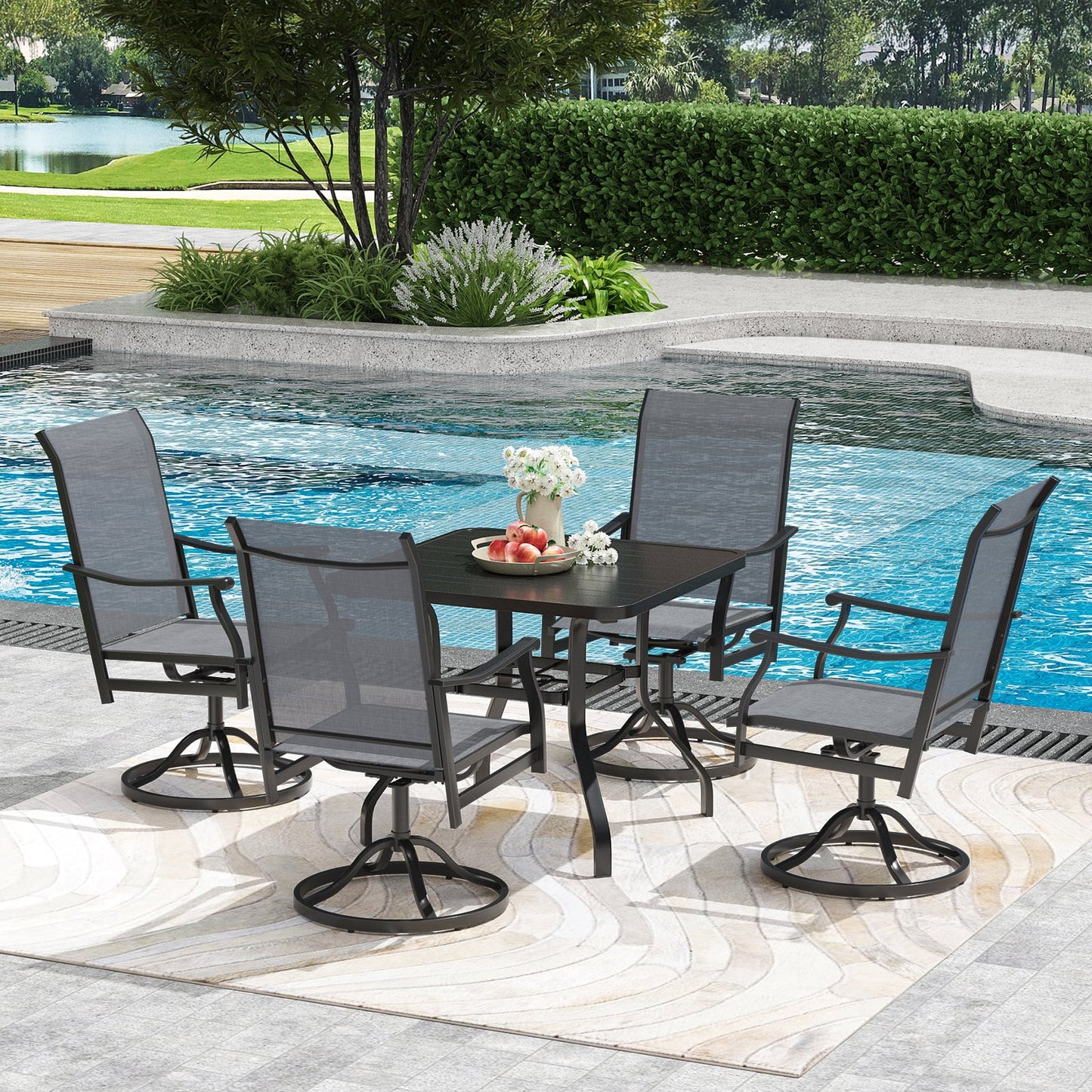 STARY Outdoor Dining Set for 4, 5 Piece Patio Table and Chair Set, 4 x Swivel Patio Chairs with Textilene Fabric and 35"x35" Outdoor Dining Table with 1.57" Sunshade Hole by the Pool, Backyard