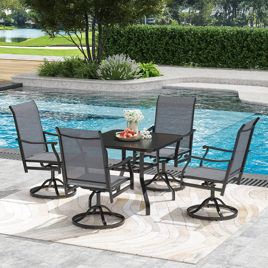 STARY Outdoor Dining Set for 4, 5 Piece Patio Table and Chair Set, 4 x Swivel Patio Chairs with Textilene Fabric and 35"x35" Outdoor Dining Table with 1.57" Sunshade Hole by the Pool, Backyard
