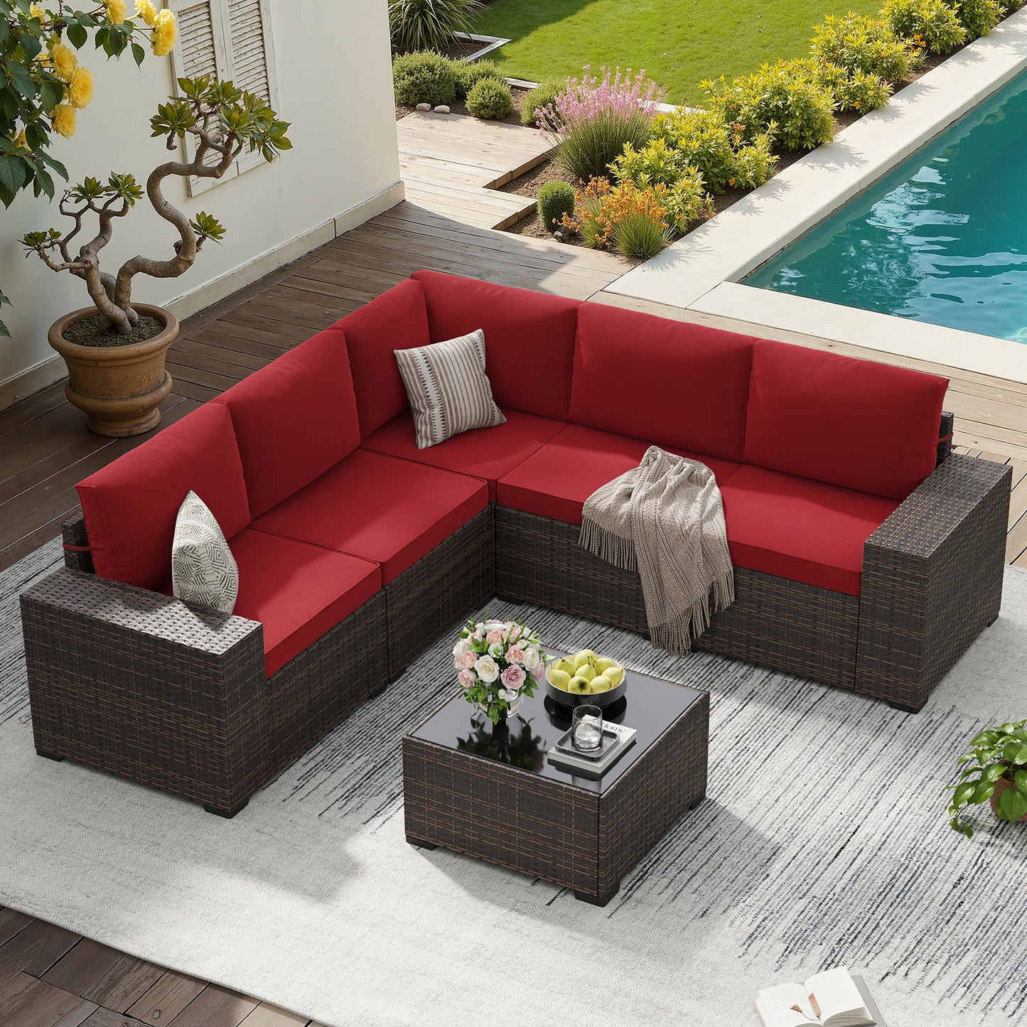 STARY 6 Pieces Outdoor Sectional Sofa with Wide Armrests, Patio Conversation Set, PE Rattan Furniture Set for Backyard, Red