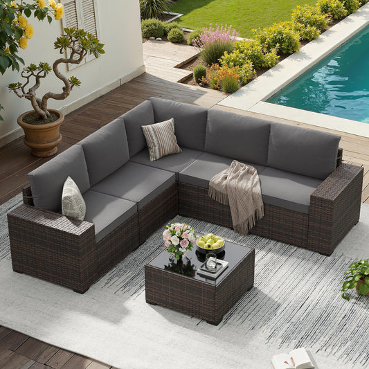 STARY 6 Pieces Outdoor Sectional Sofa with Wide Armrests, Patio Conversation Set, PE Rattan Furniture Set for Backyard, Grey