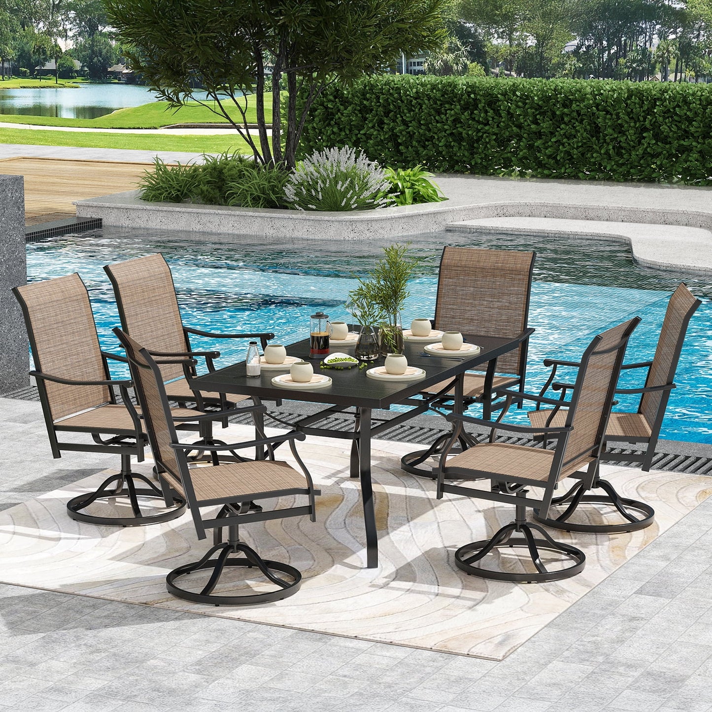 STARY Outdoor Dining Set for 6, 7 Piece Patio Table and Chairs Set, 6 x Swivel Dining Chairs with Textilene Fabric and 60"x35" Outdoor Table with 1.57" Umbrella Hole for Backyard, Poolside