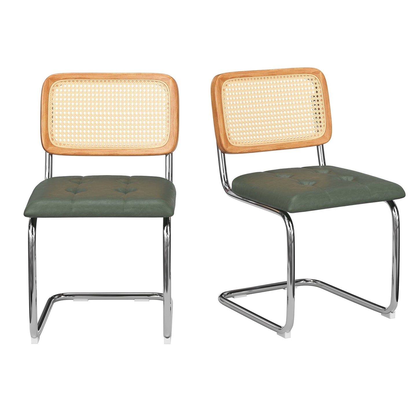 STARY Set of 2 Dining Chairs Mid-Century Modern Kitchen Chairs with Rattan Back and PU Leather Upholstery, Blackish Green
