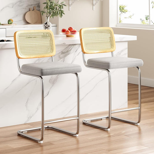 STARY Counter Height Bar Stools Set of 2, Upholstered Velvet Barstools with Rattan Back, 26 inch Height Stools Armless Bar Chairs for Kitchen Island(Light Grey)