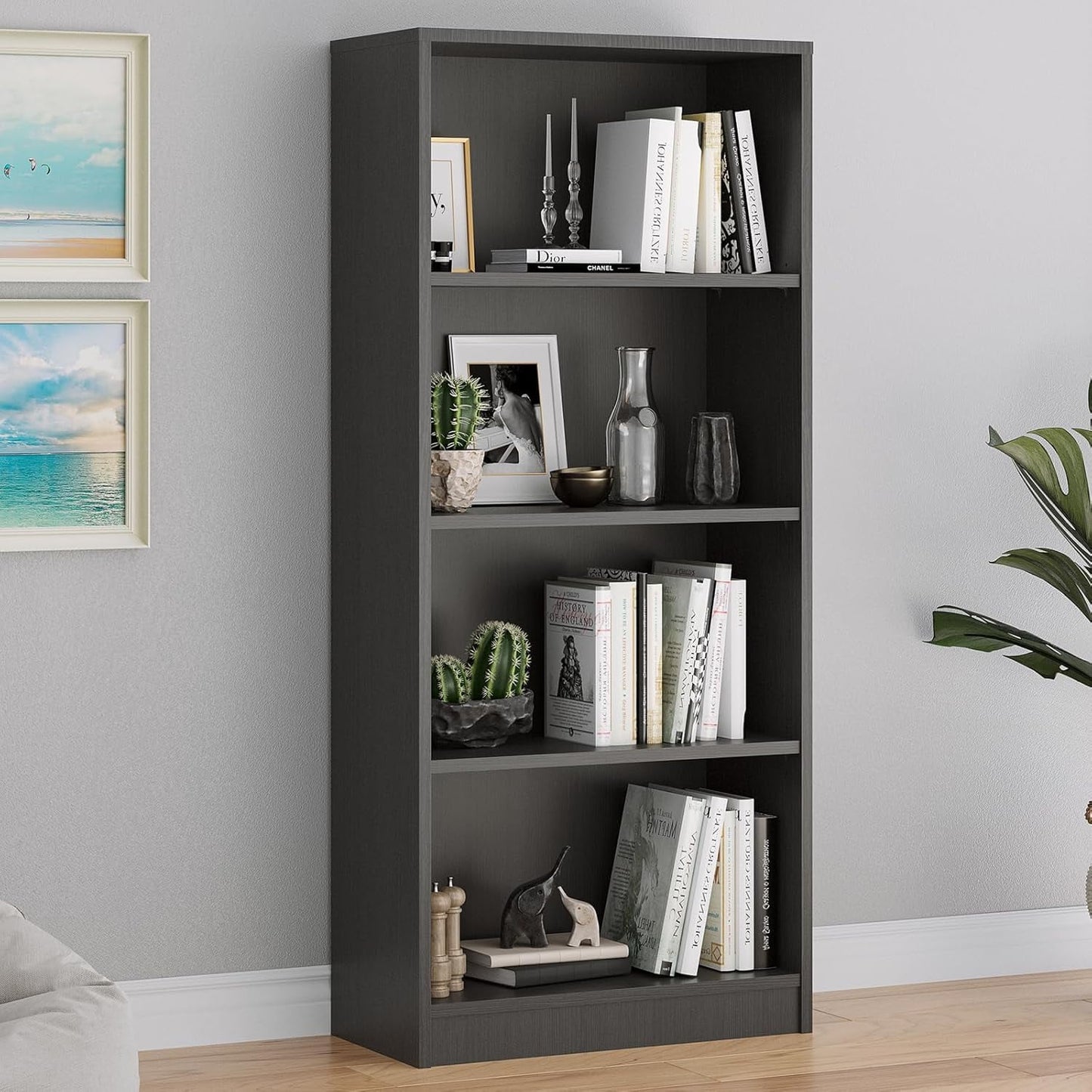 STARY Freestanding Wooden Shelf with 4 Shelves, Adjustable Shelves for Home Office, 4 Layers, Gray