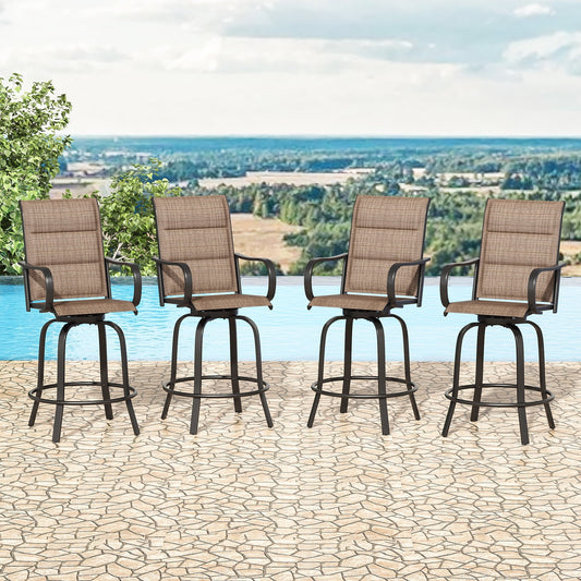 STARY Outdoor Bar Stools Set of 4, Swivel Patio Barstools with Padded Cotton,Ergonomic Comfort Bar Height Tall Outdoor Stools for Balcony,Brown