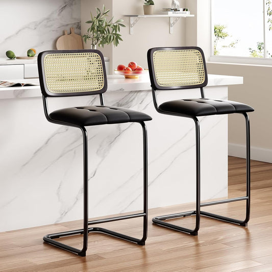 STARY Counter Height Bar Stools Set of 2, Upholstered PU Leather Barstools with Rattan Back, 30 inch Stools Armless Bar Chairs for Kitchen Island(Black)