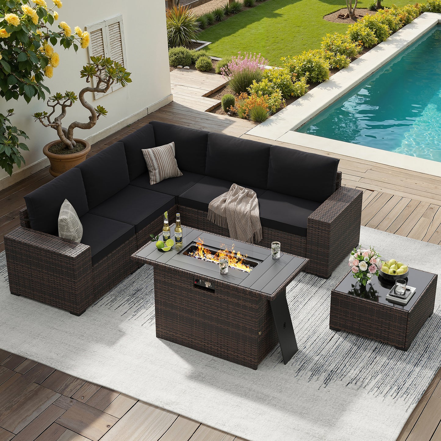 STARY 7 Pieces Outdoor Conversation Set With Fire Pit Table, Wide Armrests Outdoor Modular Wicker Furniture Set, Black