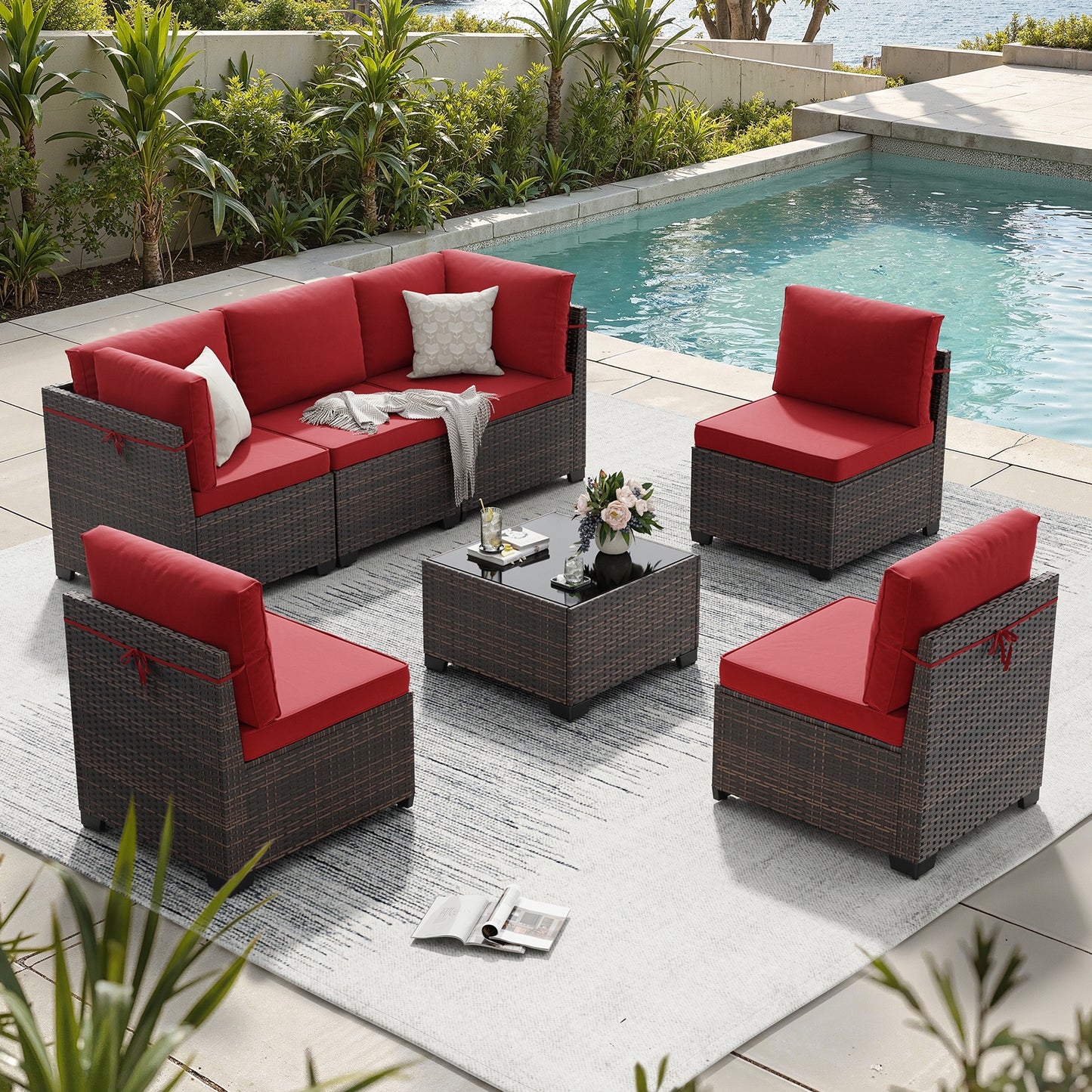 STARY 7 Pieces Outdoor Conversation Set, Patio Sectional PE Rattan Furniture Set for Backyard, Red