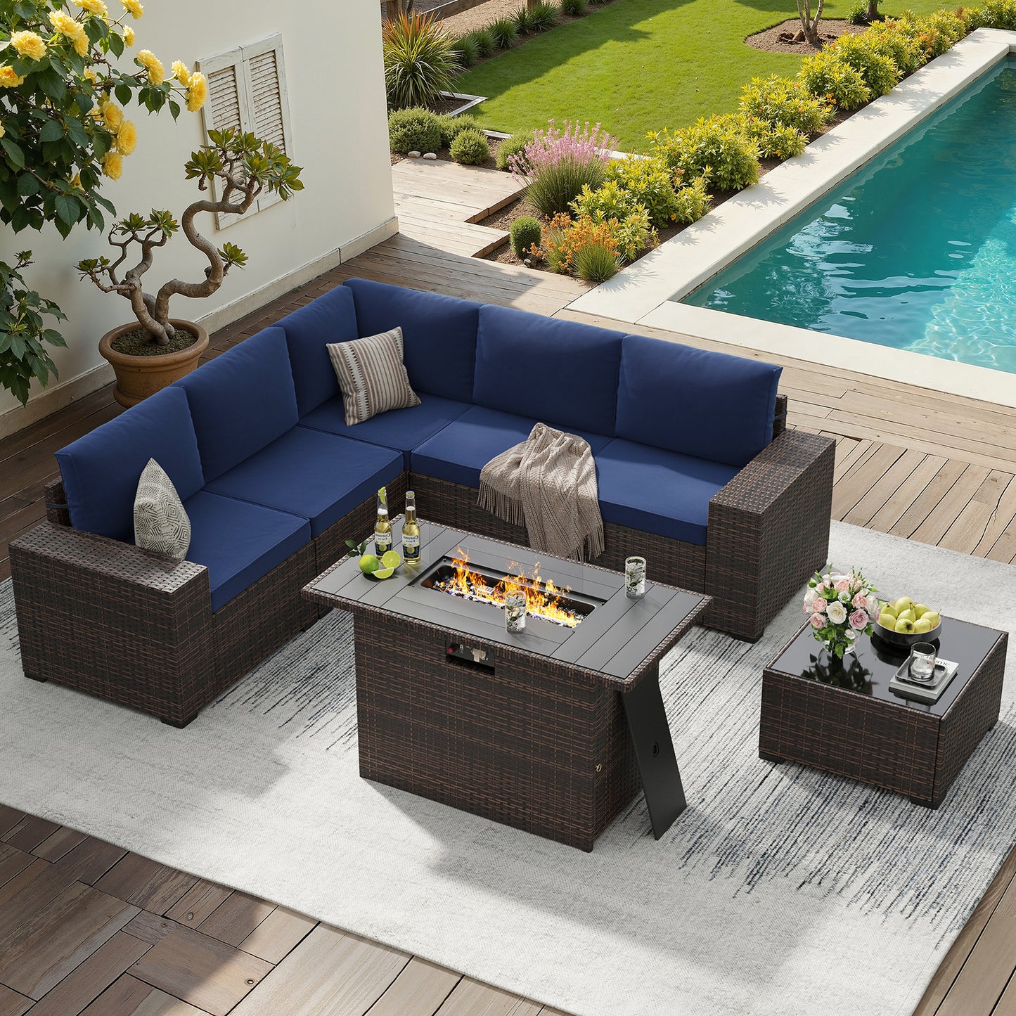 STARY 7 Pieces Outdoor Conversation Set With Fire Pit Table, Wide Armrests Outdoor Modular Wicker Furniture Set, Blue