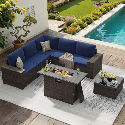 STARY 7 Pieces Outdoor Conversation Set With Fire Pit Table, Wide Armrests Outdoor Modular Wicker Furniture Set, Blue