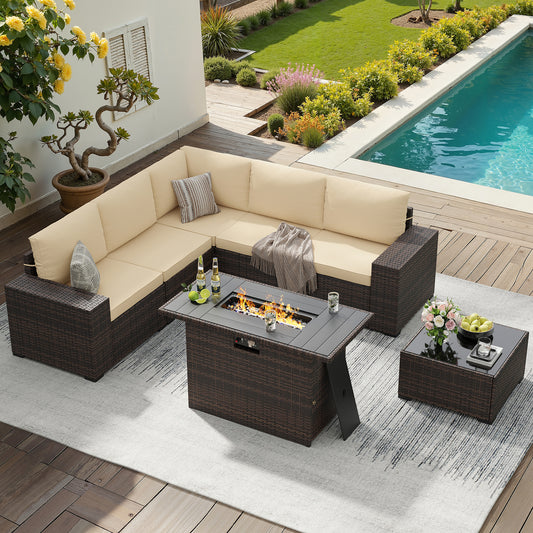 STARY 7 Pieces Outdoor Conversation Set With Fire Pit Table, Wide Armrests Outdoor Modular Wicker Furniture Set, Cream