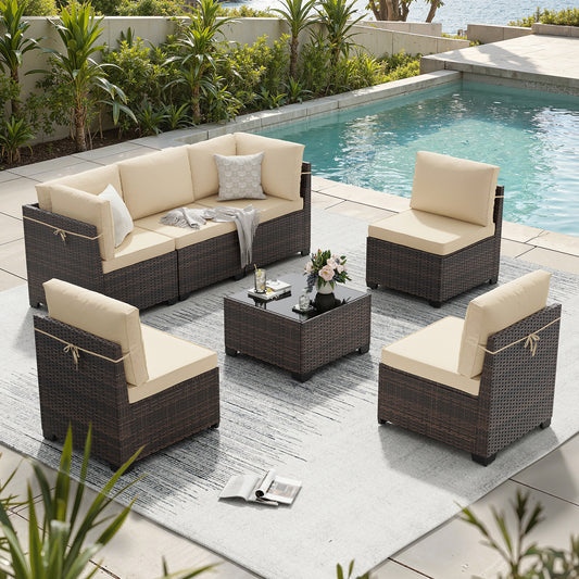 STARY 7 Pieces Outdoor Conversation Set, Patio Sectional PE Rattan Furniture Set for Backyard, Cream