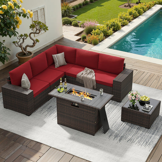 STARY 7 Pieces Outdoor Conversation Set With Fire Pit Table, Wide Armrests Outdoor Modular Wicker Furniture Set, Red