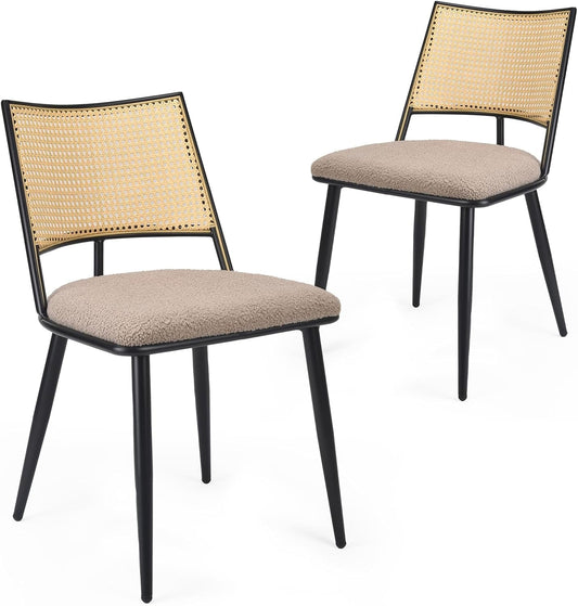 STARY Dining Chairs Set of 2, Mid-Century Modern Kitchen Chairs with Rattan Backrest & Metal Frame, Boucle Upholstered Accent Chairs for Dining Room, Kitchen, Living Room, Khaki