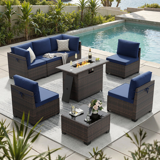 STARY 8 Pieces Outdoor Furniture Set with Fire Pit Table, Wicker Patio Sectional Sofas, All-Weather Outdoor Conversation Set for Garden, Blue