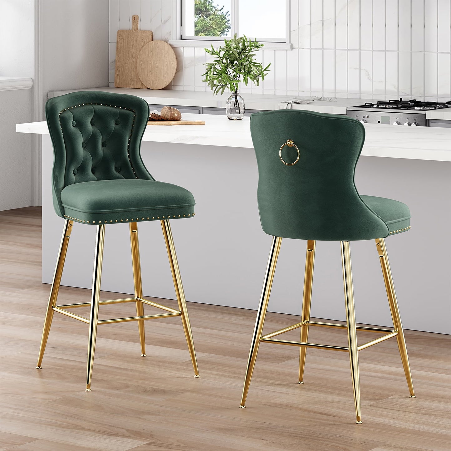 STARY Bar Stools Set of 2, Velvet Counter Height Stools with Metal Legs for Kitchen, Dining Rooms, Pubs (Green, 26")