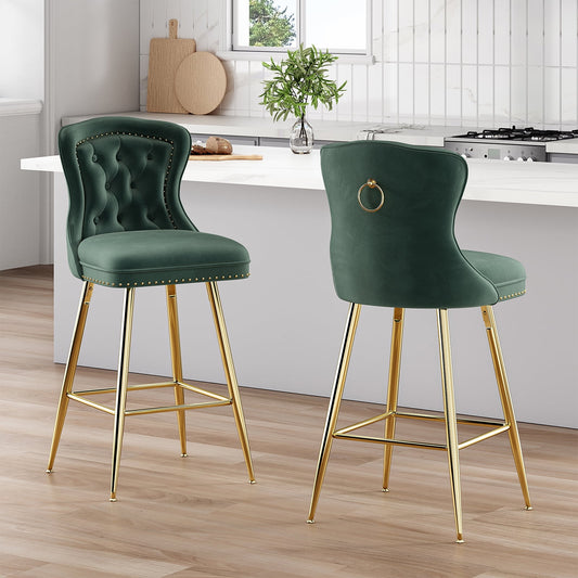 STARY Bar Stools Set of 2, Velvet Counter Height Stools with Metal Legs for Kitchen, Dining Rooms, Pubs (Green, 26")