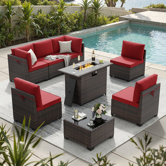 STARY 8 Pieces Outdoor Furniture Set with Fire Pit Table, Wicker Patio Sectional Sofas, All-Weather Outdoor Conversation Set for Garden, Red