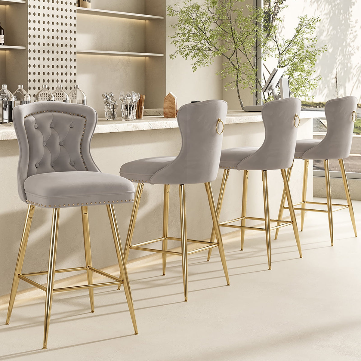 STARY Bar Stools Set of 4, Velvet Counter Height Stools with Metal Leg ...